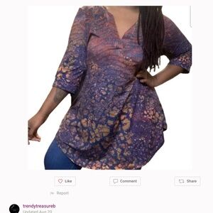 Simply Aster by Firmiana navy, red, gold print v-neck 3/4 sleeve top, 2XL